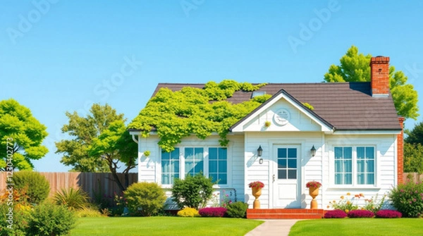 Fototapeta Light-colored house with green roof against blue sky with copy space