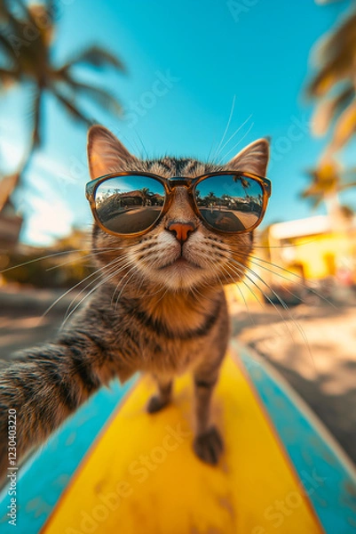 Fototapeta A cat takes a selfie on the beach.