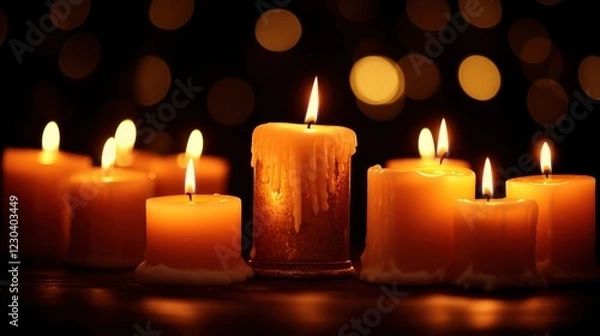 Fototapeta Glowing candles on dark background.