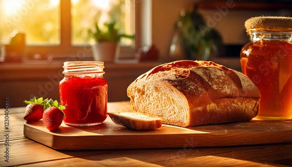 Fototapeta AI generated image of fresh baked bread on a kitchen counter, with a jar of strawberry jam.
