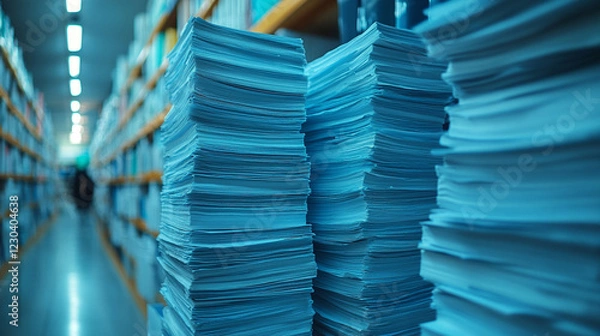 Fototapeta Stacks of disorganized papers symbolizing chaos in document management, minimalistic bright tone, modern blurred background, empty caption space to the side

