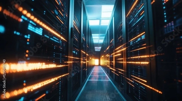 Fototapeta Shot of Corridor in Working Data Center Full of Rack Servers and Supercomputers with High Internet Visualisation Projection. High quality photo