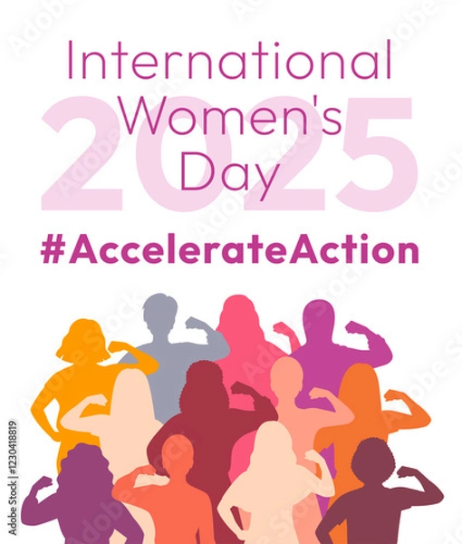 Obraz Accelerate Action campaign pose. International Women's Day 2025 poster. Diverse women silhouettes show strong arm with clenched fist in solidarity and support for women's rights and gender equality