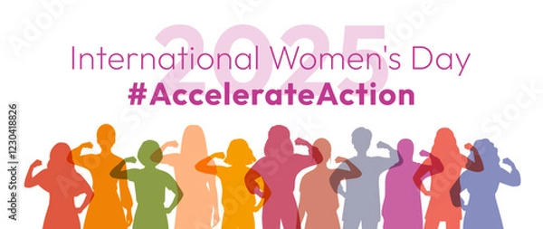 Obraz Accelerate Action campaign pose. International Women's Day 2025. Diverse women silhouettes demonstrate strong arm with clenched fist to show solidarity and support for women's rights, gender equality
