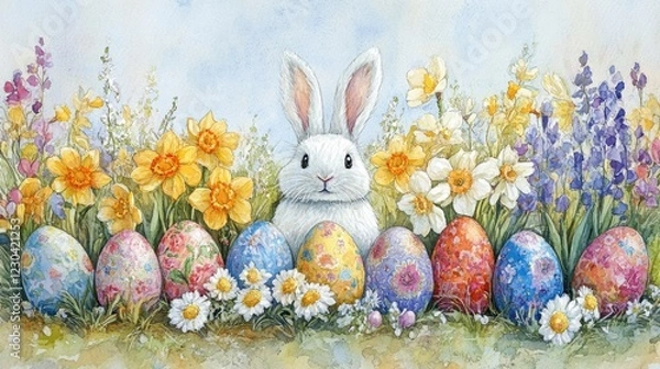 Fototapeta Easter bunny and colorful eggs in a vibrant flower garden watercolor