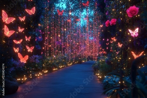 Fototapeta Magical garden path adorned with glowing butterflies and roses during twilight