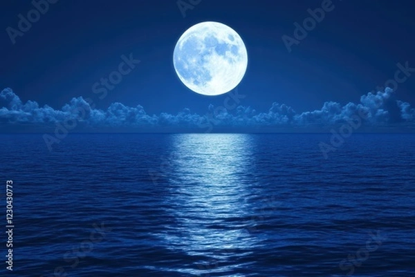 Fototapeta Tranquil Night Scene with Bright Full Moon Over Calm Ocean Waters