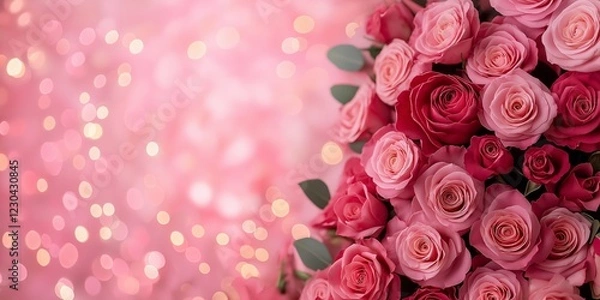 Fototapeta Pink festive background with sequins and roses, on the left is an empty space mine.