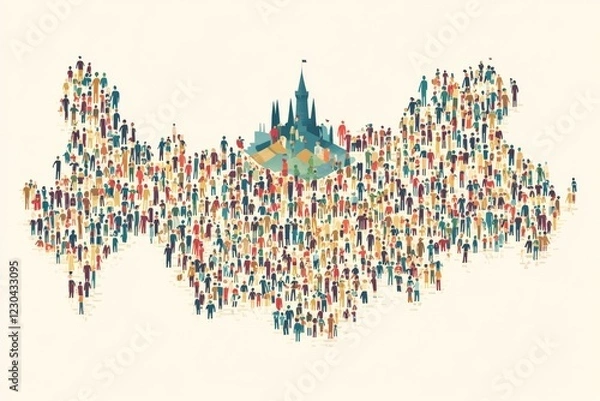 Fototapeta Vibrant illustration of a diverse crowd within the outline of a country featuring a castle in the center