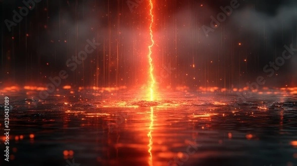 Fototapeta Dramatic red lightning strike over reflective water surface with rain and sparkling highlights