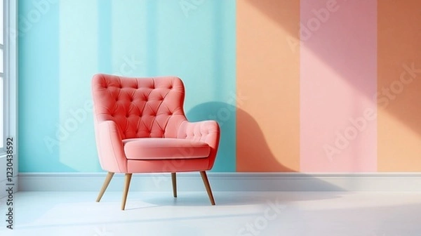 Fototapeta Cozy pink chair against a colorful wall in a bright, modern living space with sunlight