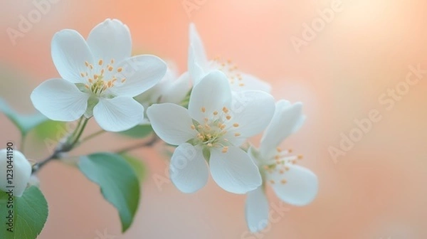 Fototapeta Delicate white blossoms on a branch, soft spring light, blurred background, perfect for springtime themes, greeting cards, or websites