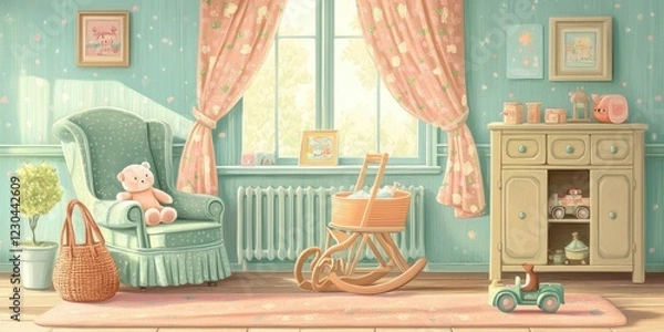 Fototapeta A sunlit nursery room with pastel furniture and toys