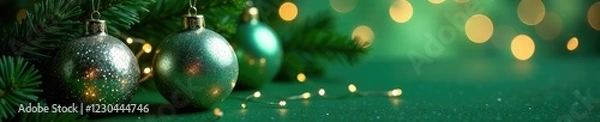 Obraz Sparkling silver ornaments on a lush green background, christmas balls, holiday lights, winter wonderland