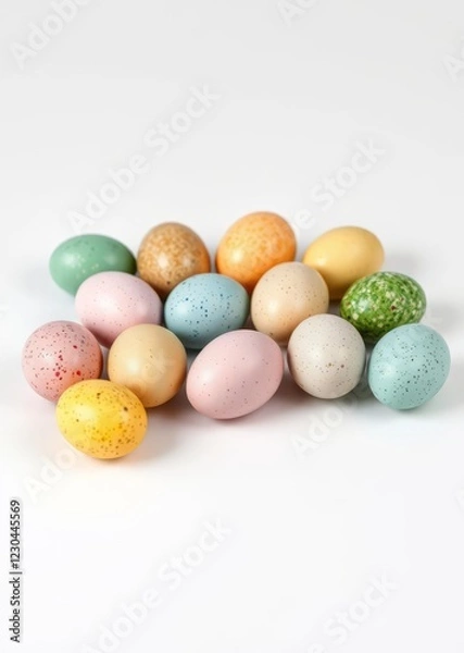 Fototapeta Colorful speckled easter eggs arranged in a cheerful pattern on a clean white background creating a bright and minimalist festive backdrop easter egg holiday illustration celebration easter