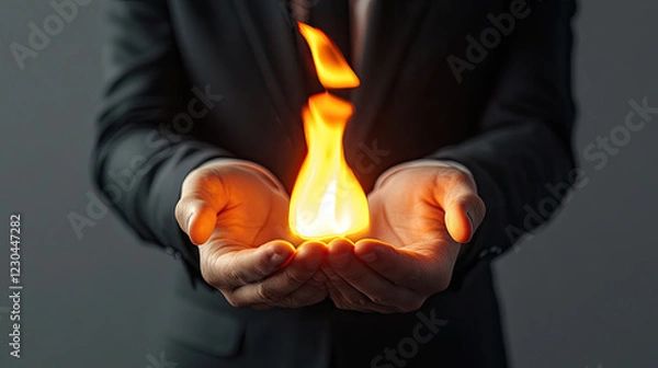 Fototapeta Hands Holding a Flame in Dark Minimalist Setting