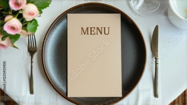 Fototapeta empty form with the word "menu" on a plate in a restaurant, dish of the day, top view, copy space