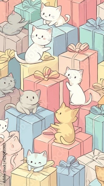 Fototapeta Adorable Kittens Playing Among Pastel Presents