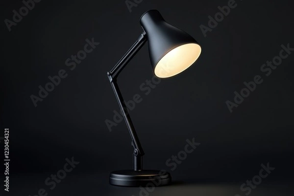 Fototapeta Realistic black background lamp light bulb glowing in dark tilted angle .A black floor lamp emits a warm yellow light, creating a cozy atmosphere in the room.
