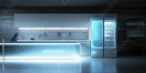 Obraz Modern smart kitchen, displaying a beautiful interior, equipment symbolizing the connection of the "smart home" and the integration of technologies.