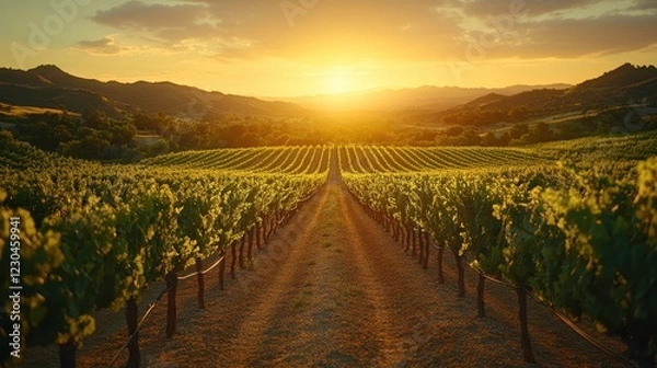 Obraz A picturesque vineyard with rows of grapevines under a golden sunset.