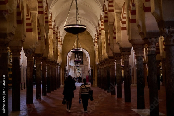 Fototapeta The interior of the Mosque-Cathedral of Córdoba, featuring its iconic columns and horseshoe arches, a masterpiece of Moorish and Spanish architecture in Andalusia, Spain