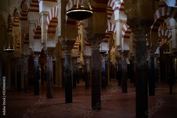 Fototapeta The interior of the Mosque-Cathedral of Córdoba, featuring its iconic columns and horseshoe arches, a masterpiece of Moorish and Spanish architecture in Andalusia, Spain