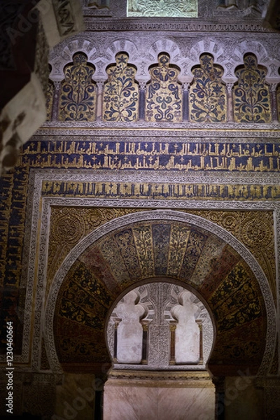 Fototapeta The mihrab of the Mosque-Cathedral of Córdoba, an exquisite example of Moorish artistry, featuring intricate arabesques and golden mosaics in Andalusia, Spain