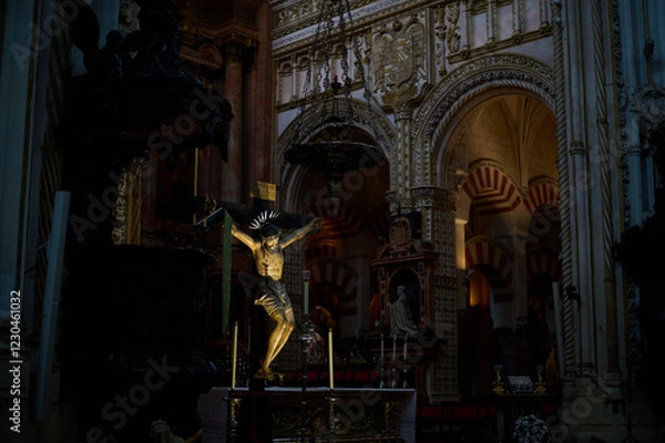 Obraz The interior of the Mosque-Cathedral of Córdoba, featuring its iconic columns and horseshoe arches, a masterpiece of Moorish and Spanish architecture in Andalusia, Spain