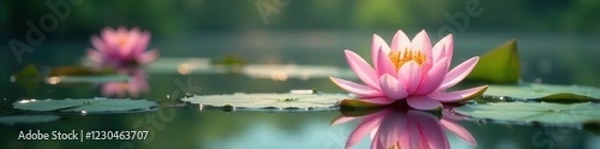Fototapeta Water lilies bloom softly on a lake's surface, reflection, peaceful, serene