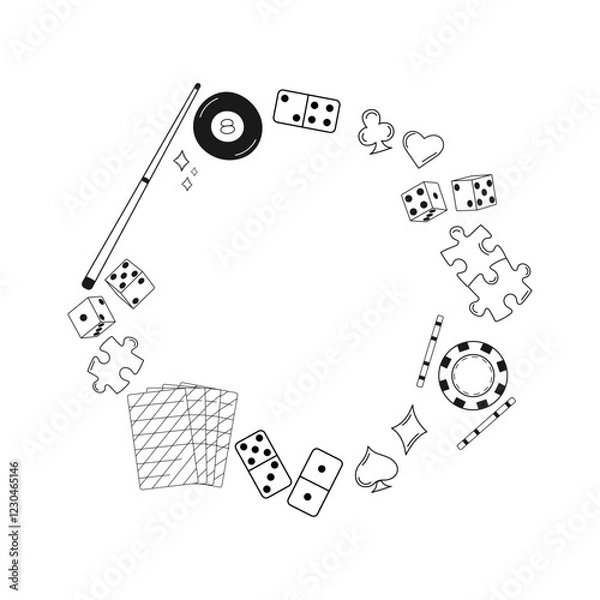 Obraz Game and casino elements circle frame. Vector illustration. Pool, dice, domino, poker chips, playing cards, puzzle. Versatile design for gaming, entertainment, casino-themed projects.
