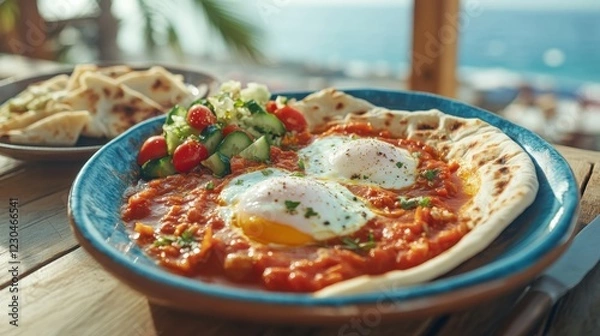 Obraz Delicious shakshuka with three fried eggs, tomatoes, and basil on a dark plate..