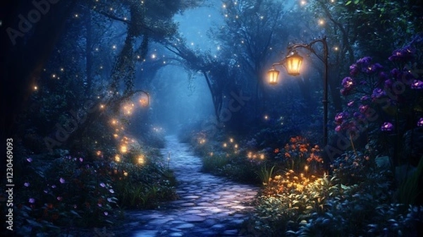 Obraz Enchanted Forest Path: A Mystical Night Scene with Glowing Lights