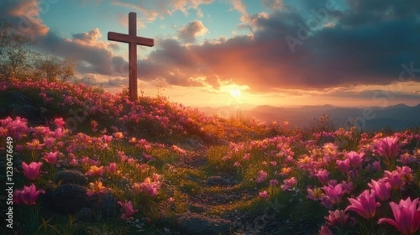 Obraz A wooden cross standing on a hilltope