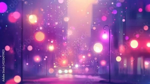 Fototapeta Dreamy city street illuminated by colorful bokeh lights during a misty evening, creating a magical atmosphere