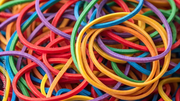 Fototapeta Colorful rubber bands material closeup view in artistic arrangement studio setting vibrant atmosphere