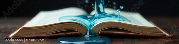 Fototapeta Water pours out of a book's spine, flowing down the page, ink bleeding, water spilling