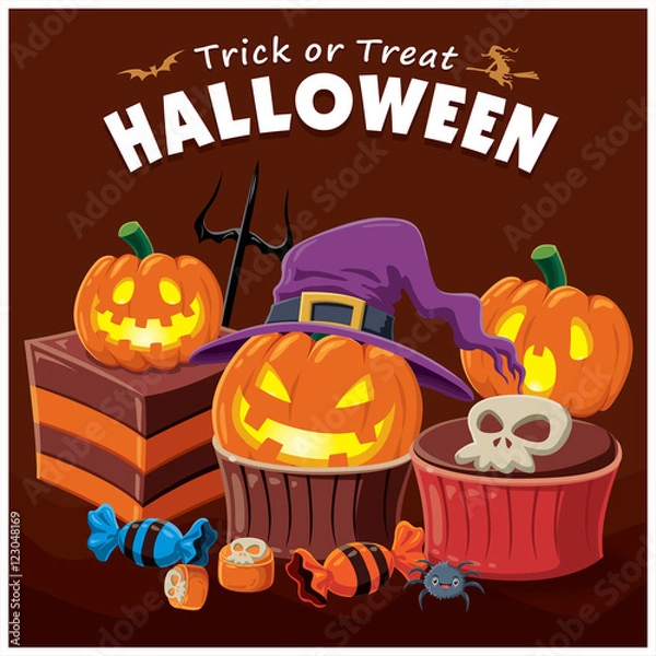 Obraz Vintage Halloween cupcake poster design with vector cupcake character.