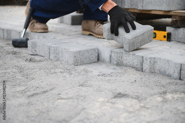 Fototapeta The master in gloves lays paving stones in layers. Garden brick pathway paving by professional paver worker. Laying gray concrete paving slabs in house courtyard on sand foundation base