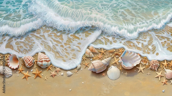 Fototapeta serene beach scene featuring seashells and starfish along shoreline, with gentle waves lapping at sand. colors evoke calm and peaceful atmosphere