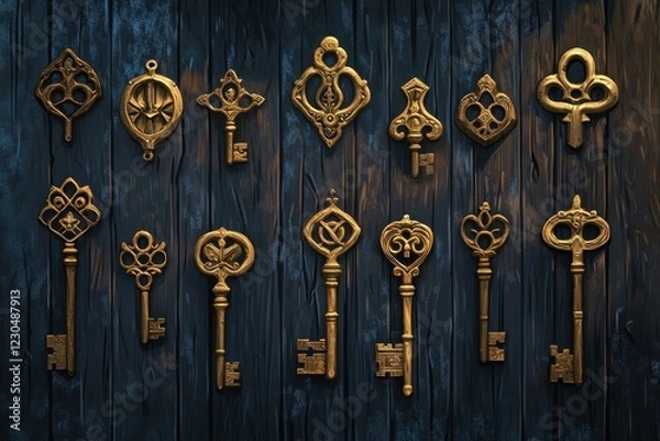 Fototapeta Ornate Antique Keys Displayed on Dark Wood