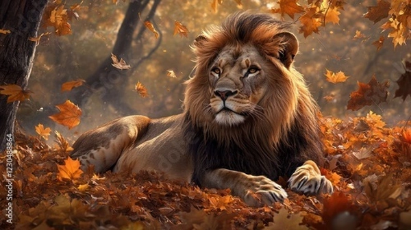 Fototapeta Majestic lion resting in autumn leaves, forest background, nature scene