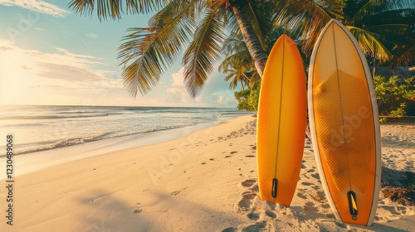 Fototapeta Sunset beach scene with two yellow surfboards, palm trees, and gentle waves. serene atmosphere invites relaxation and adventure