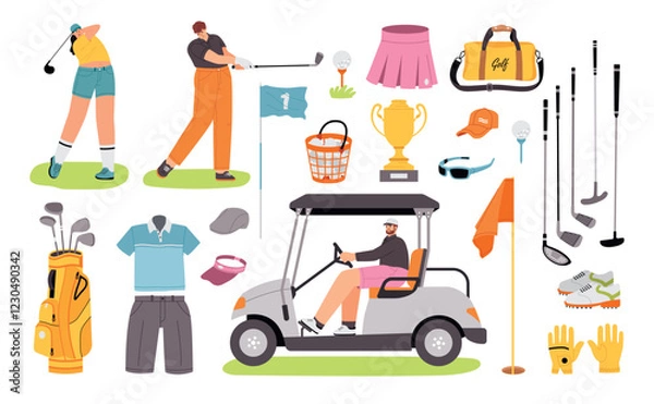Obraz Golf elements and players characters. Sports equipment, different types clubs, ball, bag and golf cart, people, game attributes, vector set