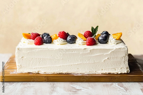 Fototapeta Rectangular Whipped Cream Cake with Berries and Peach Slices