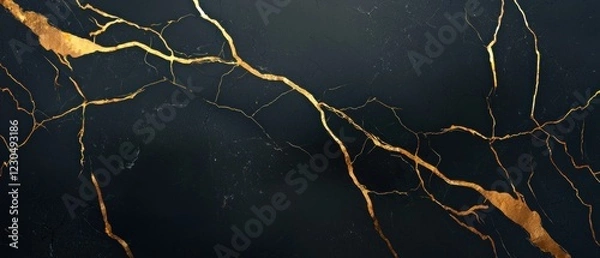 Obraz Close-up of a black surface with a gold-colored crack running horizontally across it. the crack appears to be made up of thin, jagged lines that create a textured pattern.