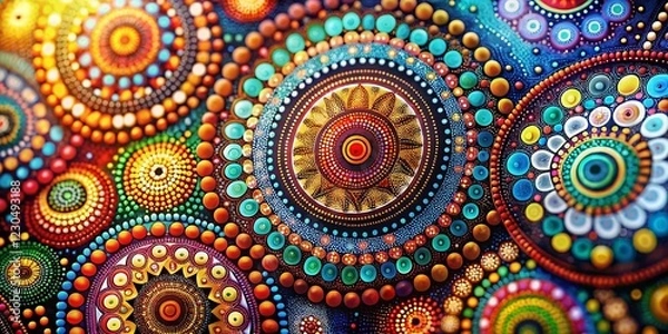 Fototapeta Vibrant Aboriginal Dot Painting Art, Bokeh Effect, Australian Indigenous Design