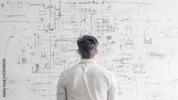 Fototapeta Man reviewing complex whiteboard diagrams.