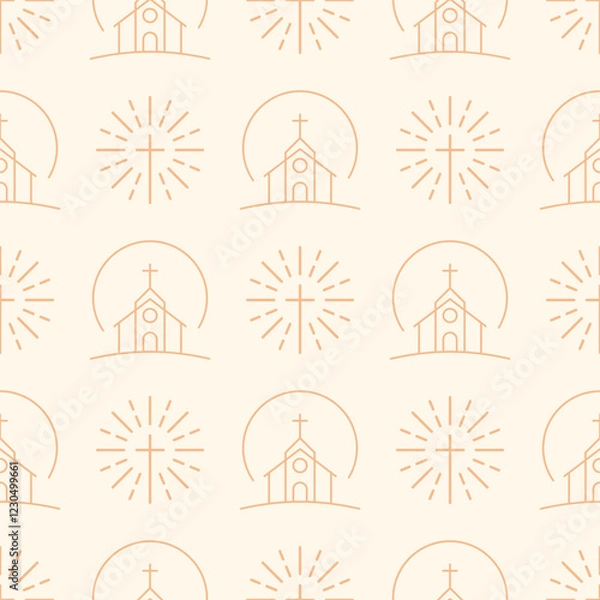 Fototapeta Minimalist vector seamless pattern with church and cross symbols. Beige religious background with linear elements