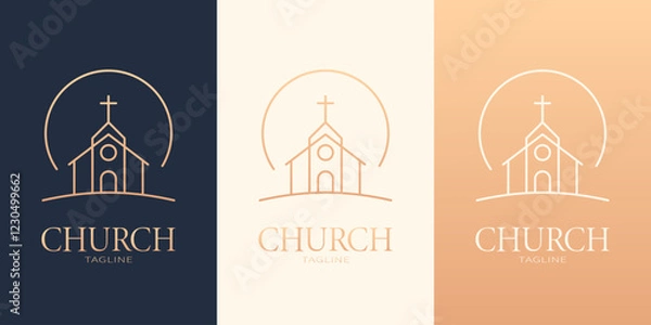 Fototapeta Minimalist church logo with cross and elegant typography. Religious emblem in three color variations. Best for web, print, polygraphy, businesscards, signboards, logo and branding design.